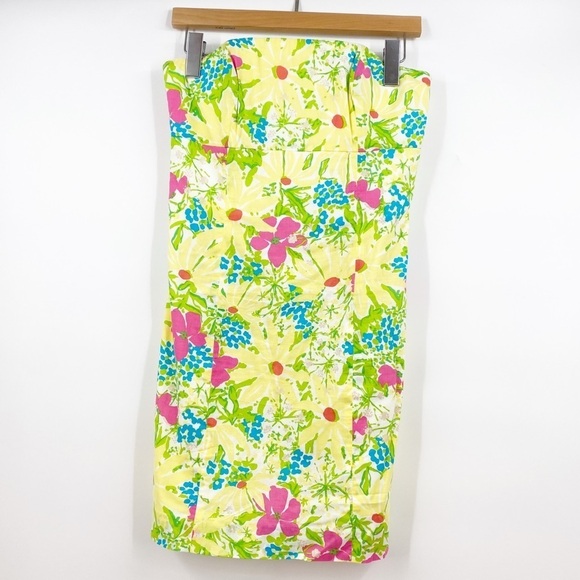 Lilly Pulitzer || Franco Dress in Blue Eyed Girl Strapless Tie Floral Yellow 2 - Picture 1 of 8